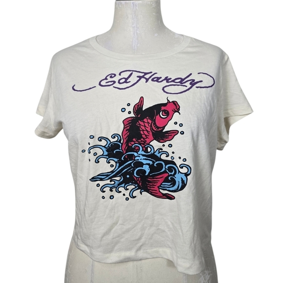 Ed Hardy Tops - Ed Hardy Koi Fish Cream Red Blue Crewneck Short Sleeves Crop Top XL Y2K